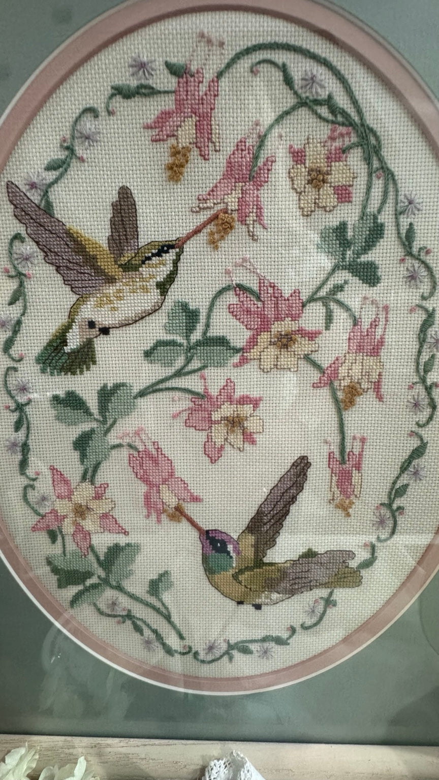 Vintage Framed Hummingbird Floral Cross Stitch Needlework