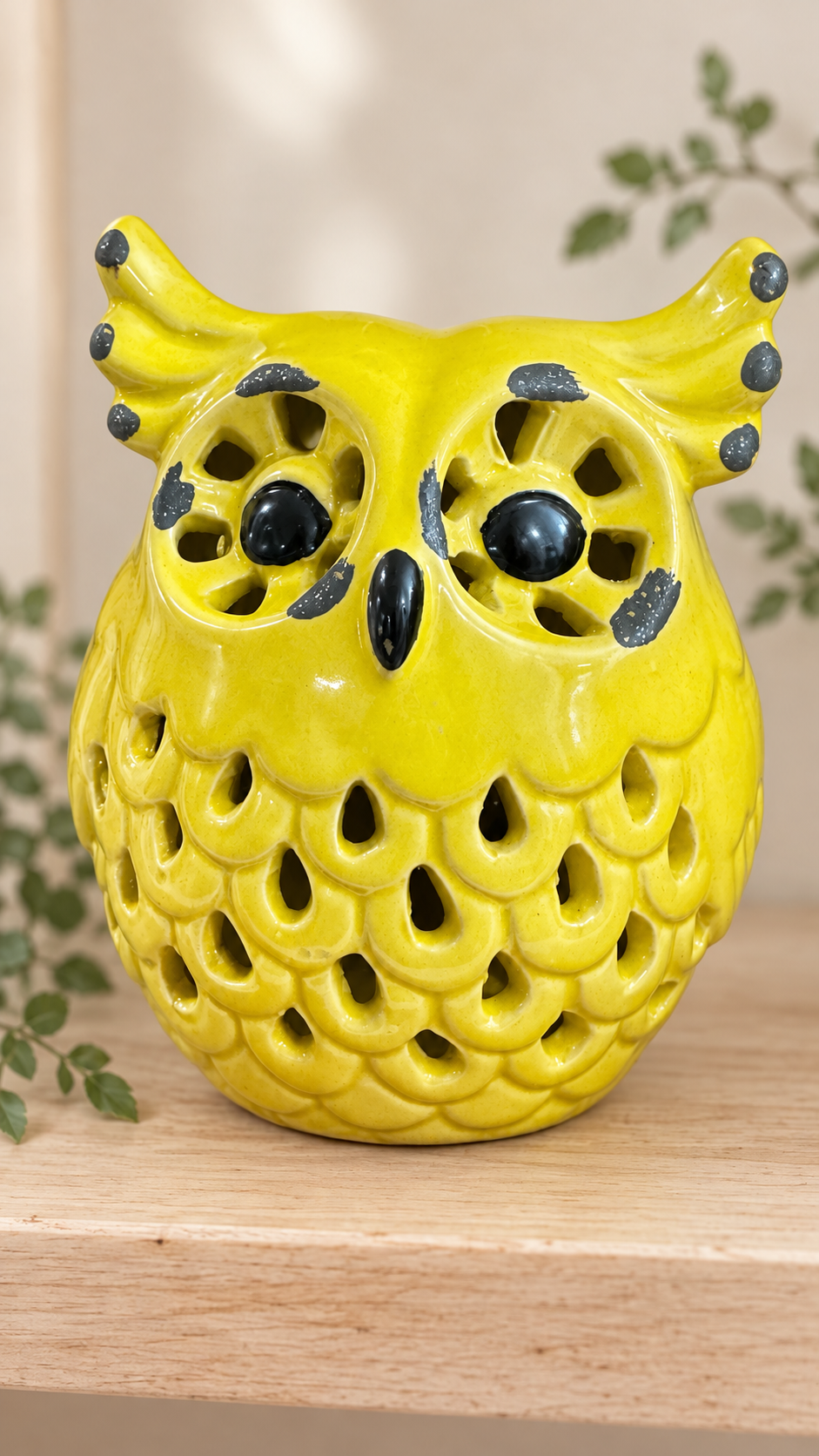 Yellow Ceramic Owl Decor with Cutout Feathers