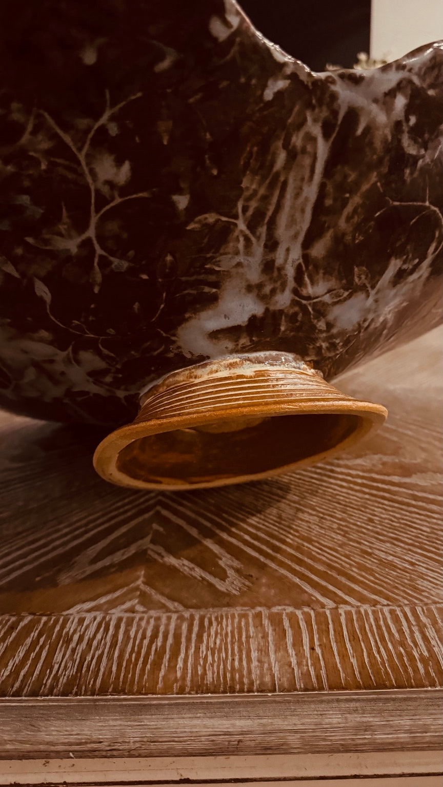 Large Handmade Studio Pottery Leaf Pedestal Bowl – Signed