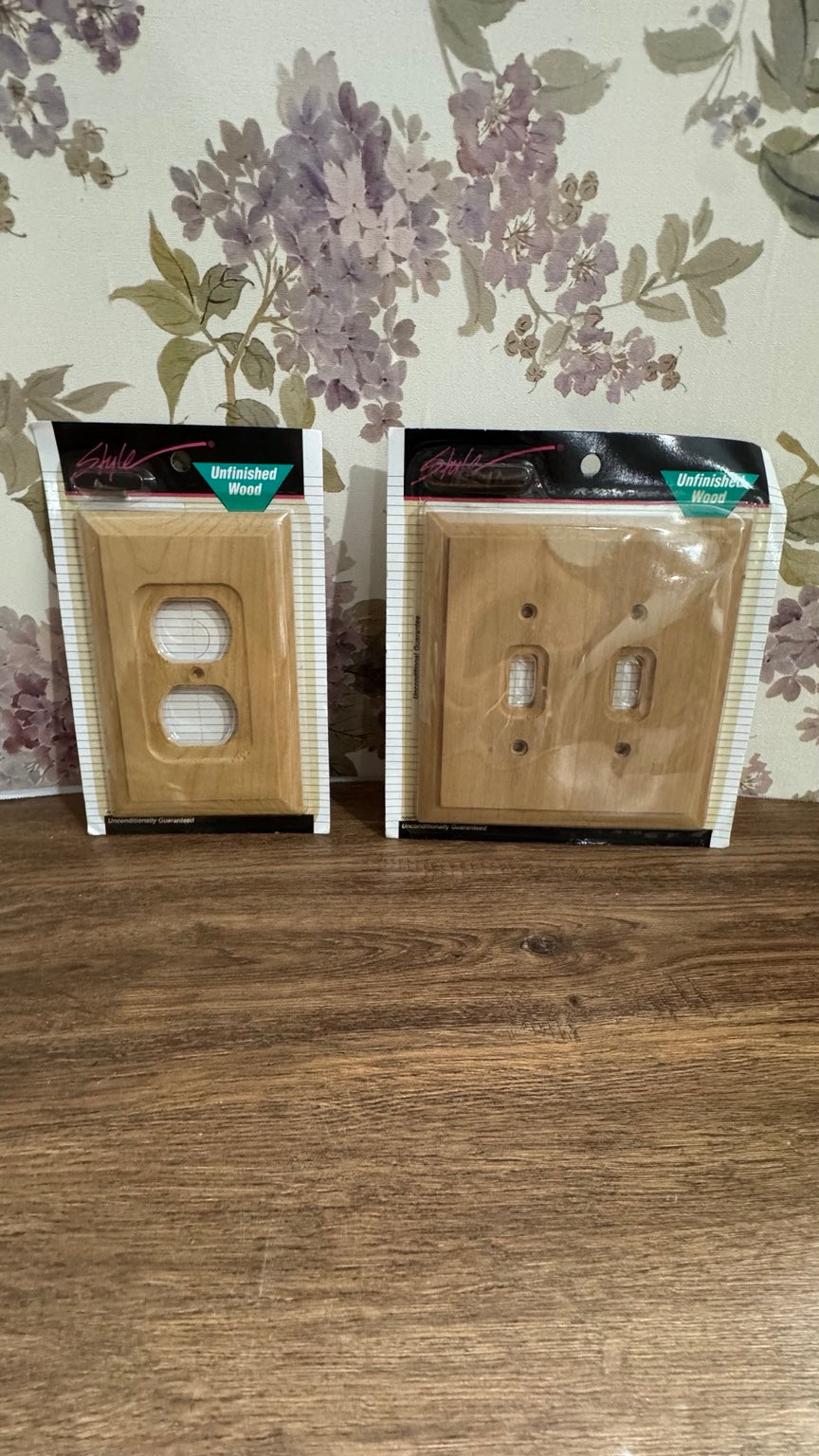 Styleline Unfinished Wood Wall Plate Covers NOS Duplex Outlet & Double Toggle Switch Sealed