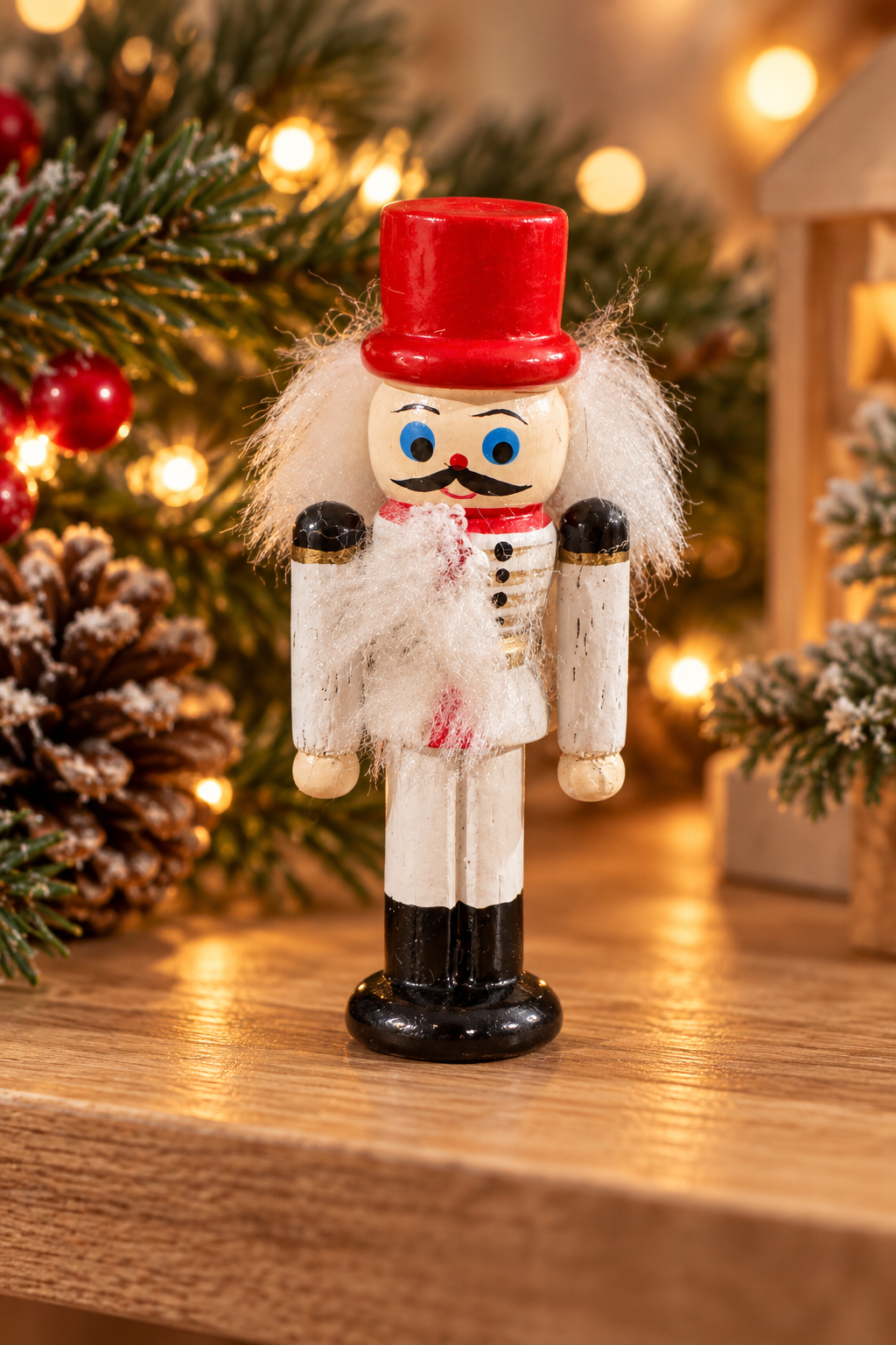 Miniature Wooden Nutcracker Soldier – Red Hat & White Uniform, Box Included