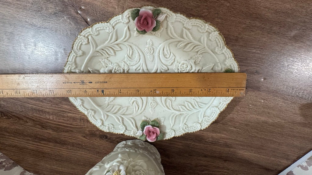 Vintage Porcelain Floral Pitcher & Tray Set – Roses & Gold Trim