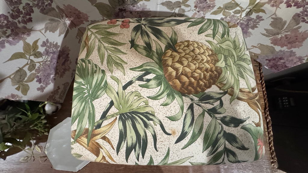 Vintage Wicker Footstool with Original Tropical Botanical Cushion | Rattan Ottoman