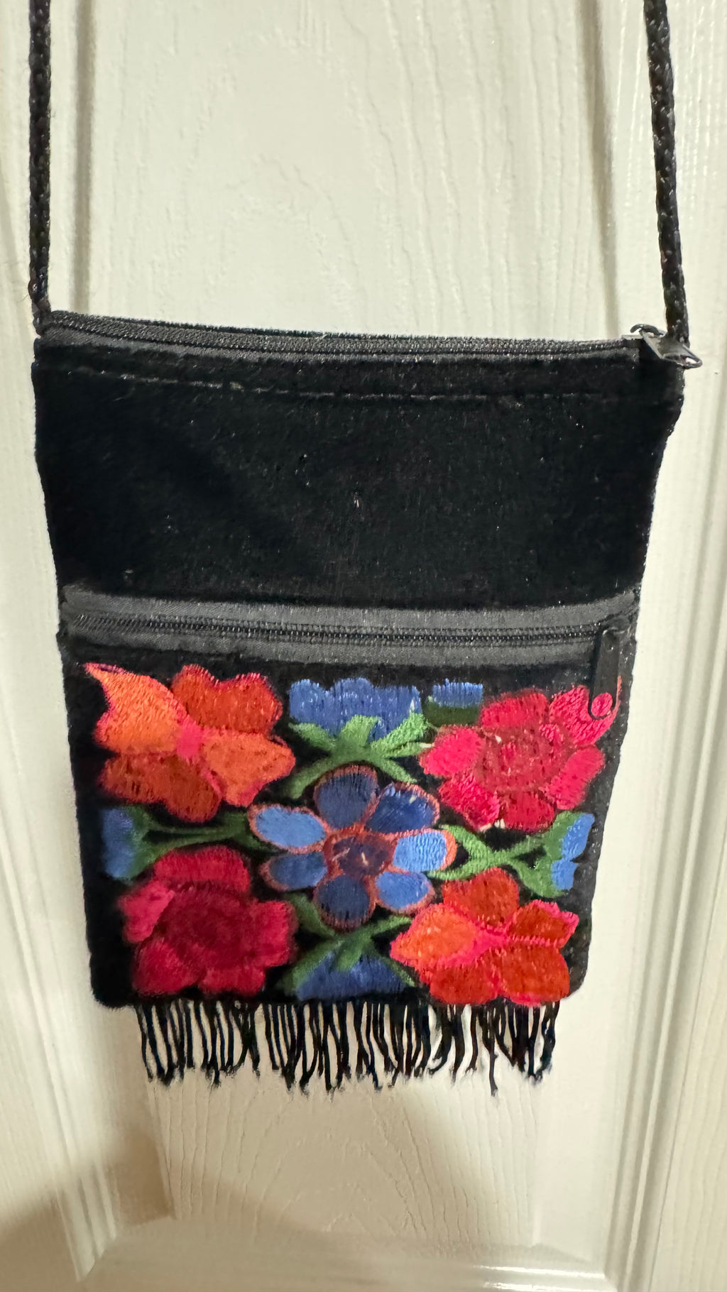 Vintage Black Velvet Embroidered Floral Fringe Crossbody Purse