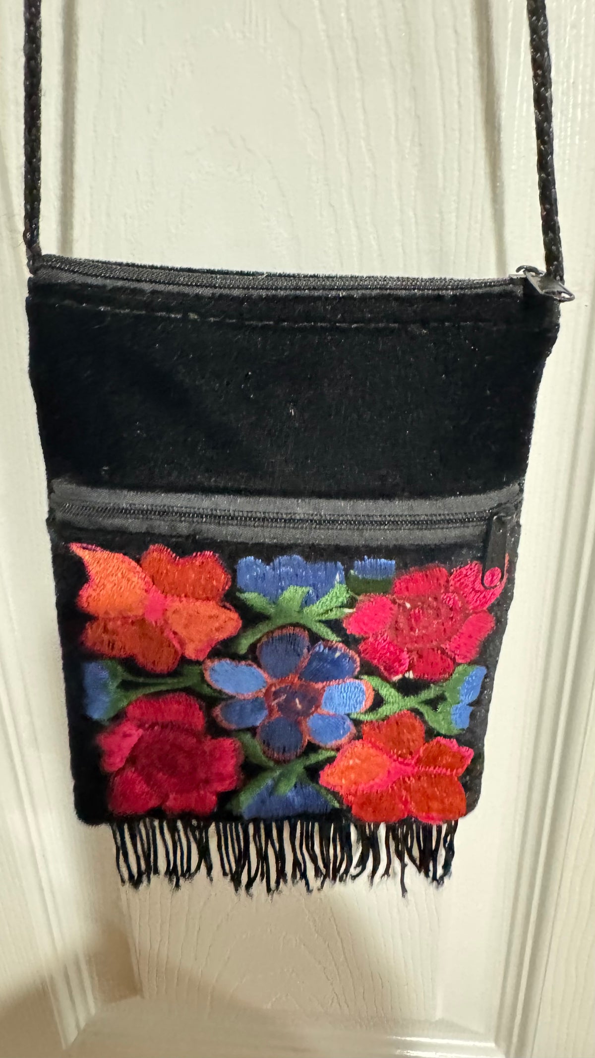 Vintage Black Velvet Embroidered Floral Fringe Crossbody Purse