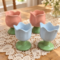 Set of 4 Pastel Tulip Ceramic Egg Cups – Pink & Blue with Green Bases