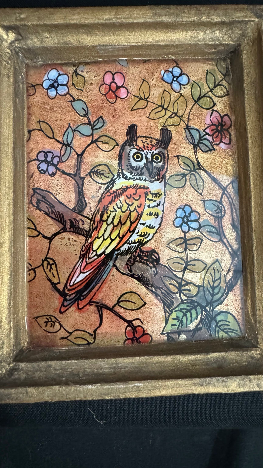 Vintage Hand Painted Owl Picture Reverse Glass Floral Wood Frame Folk Art