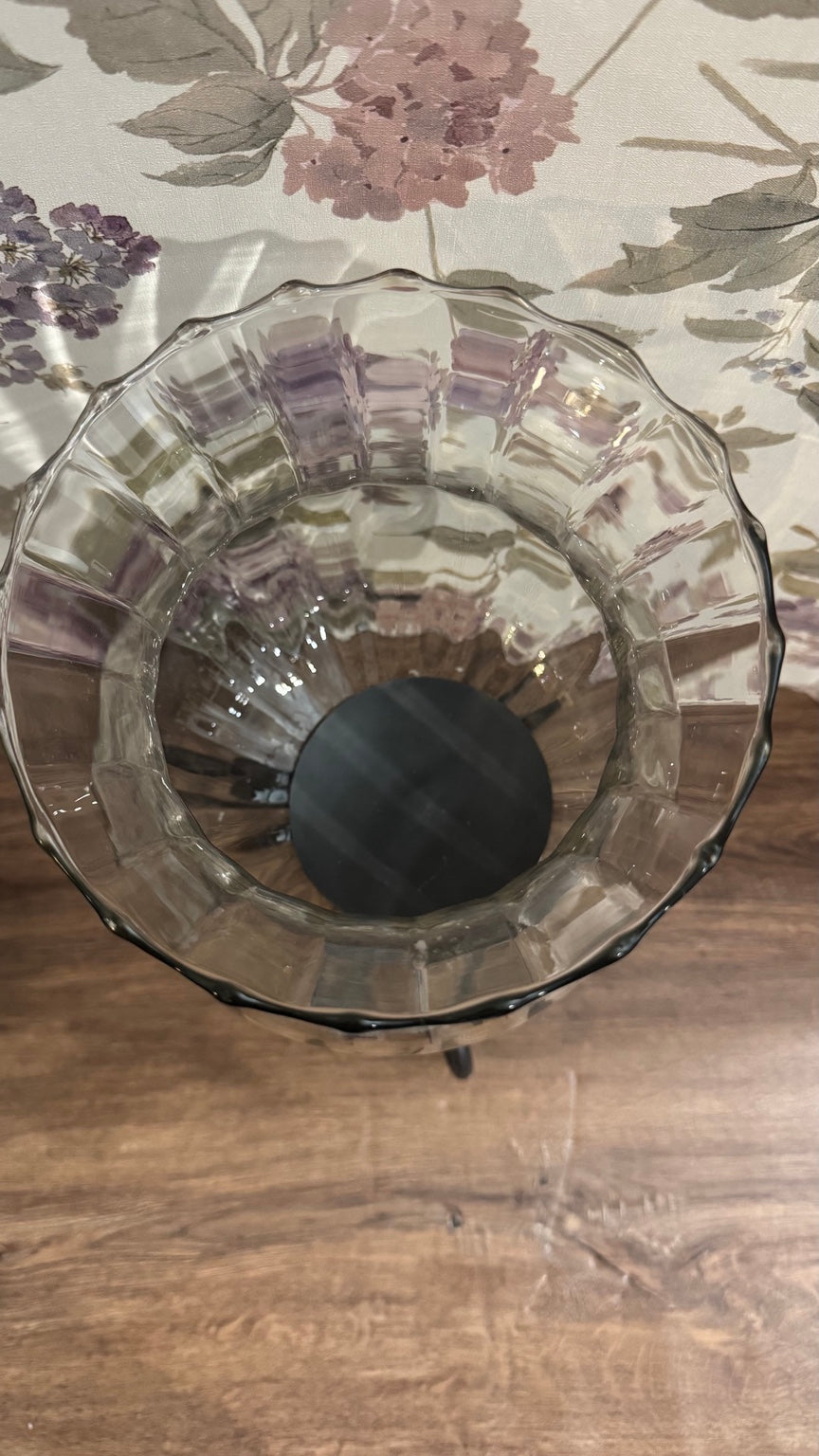 Large Glass Hurricane Vase on Wrought Iron Scroll Stand