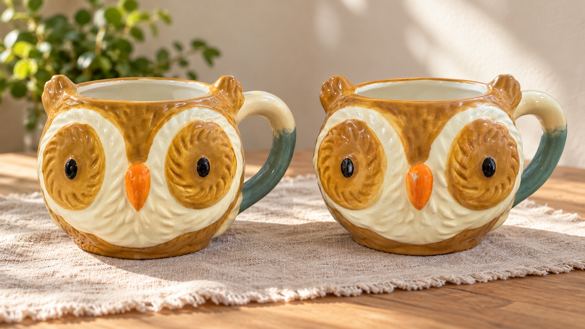 Set of 2 Ceramic Owl Mugs – Brown & Cream with Teal Handles