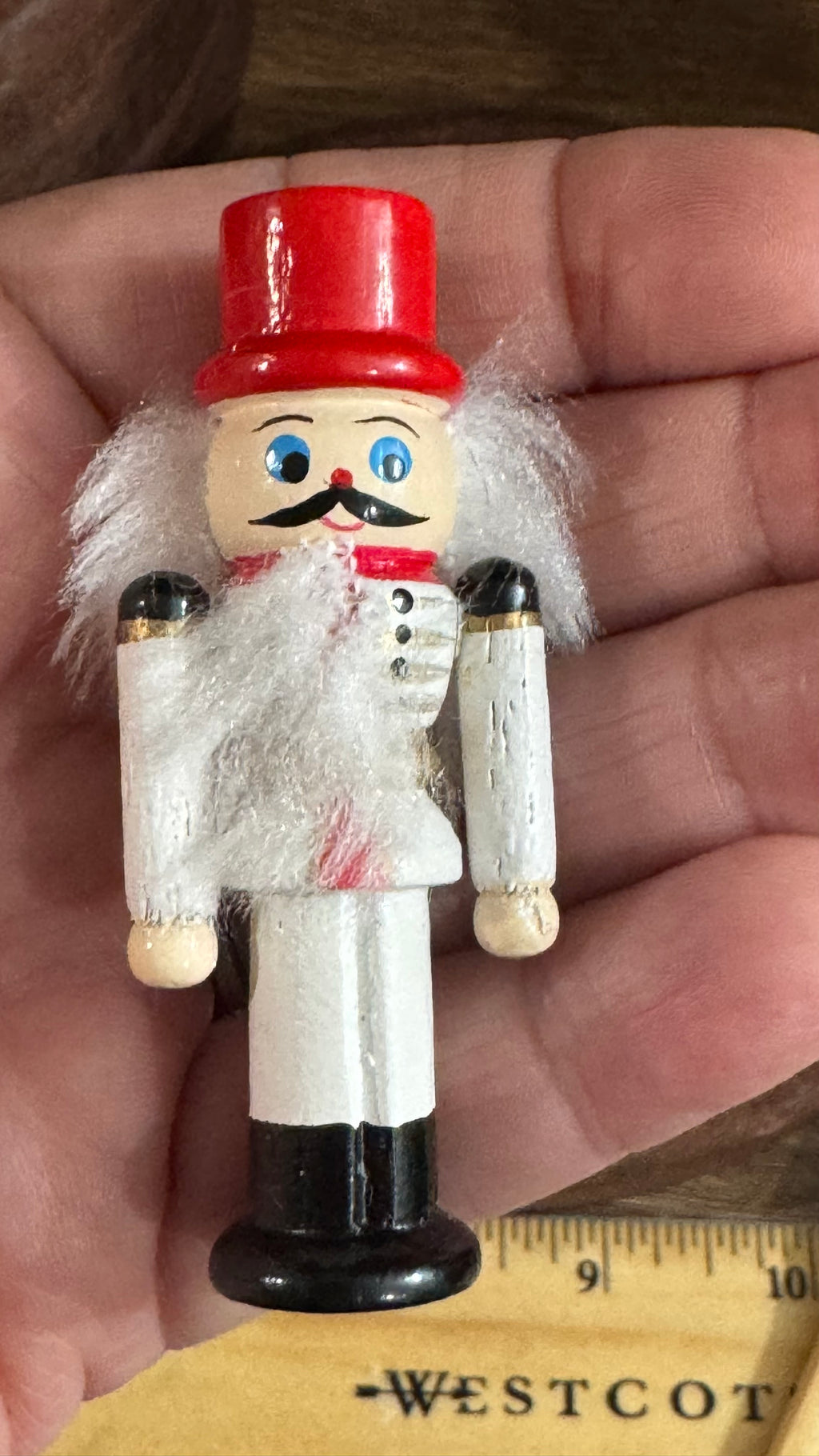 Miniature Wooden Nutcracker Soldier – Red Hat & White Uniform, Box Included