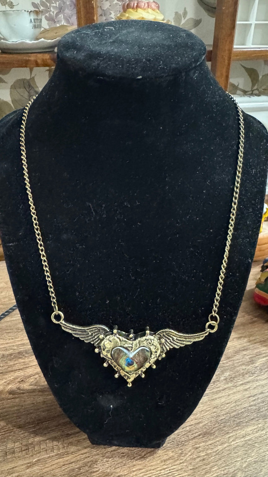 Peacock Feather Heart & Angel Wing Necklace – Brass Tone