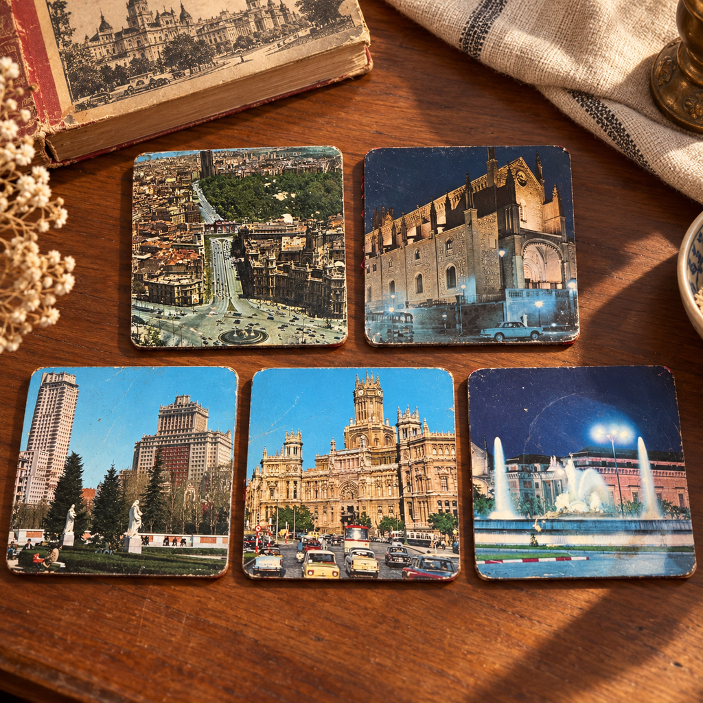 Vintage Madrid Spain Souvenir Coasters – Set of 5 – Red Fabric Backs