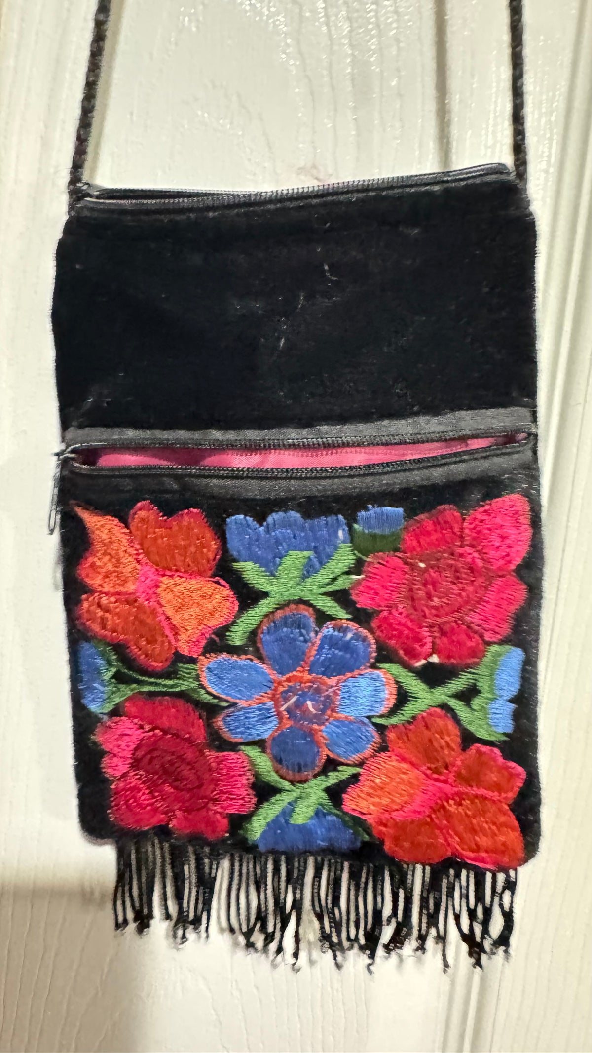 Vintage Black Velvet Embroidered Floral Fringe Crossbody Purse