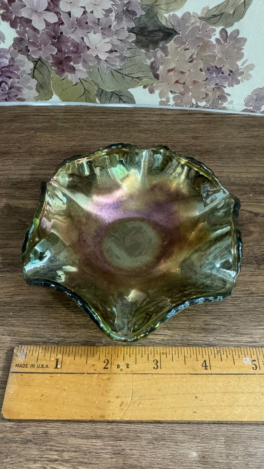 Vintage Olive Green Carnival Glass Star Candy Dish