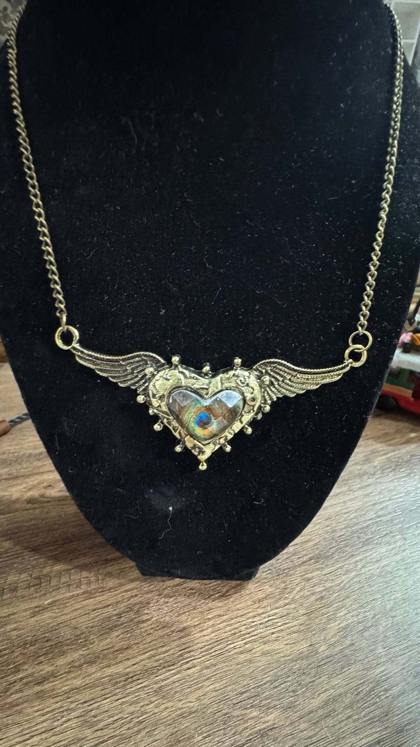 Peacock Feather Heart & Angel Wing Necklace – Brass Tone