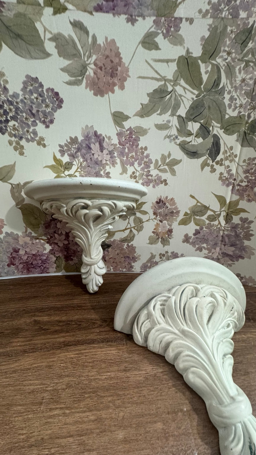 Pair of Ornate Distressed White Wall Shelves | Farmhouse Decor