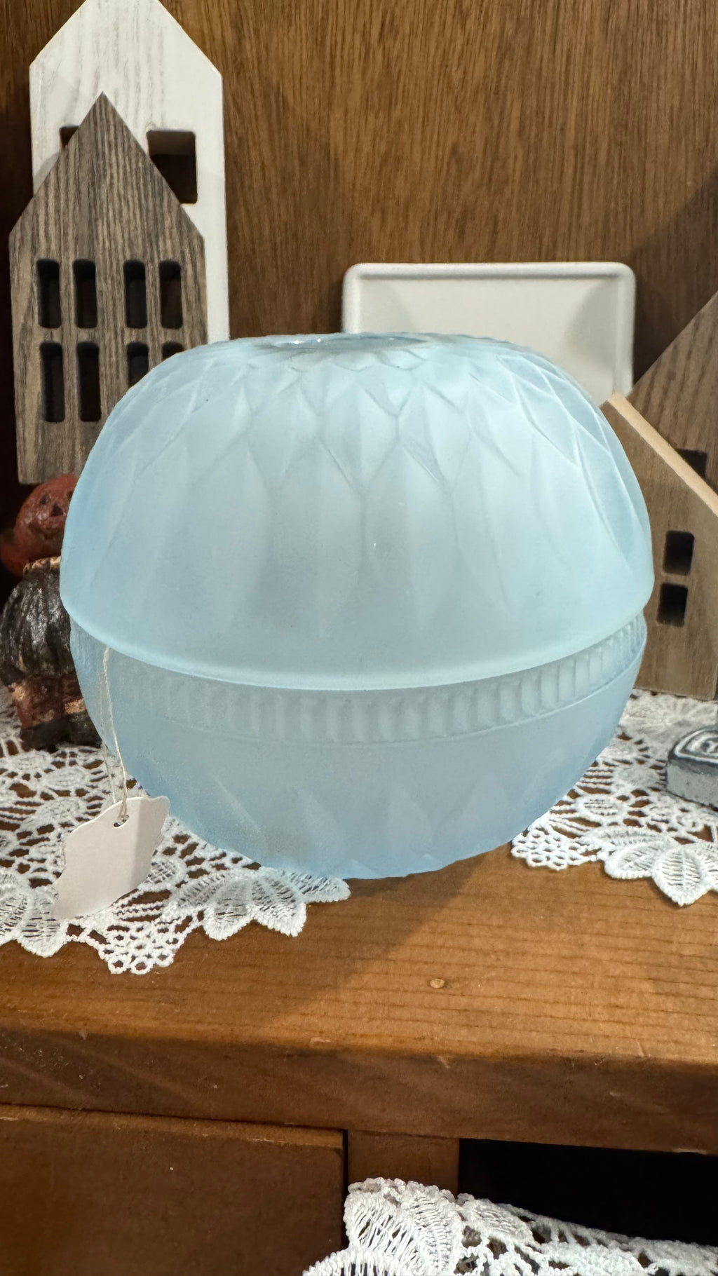 Vintage Pale Blue Frosted Glass Fairy Lamp – Two Piece