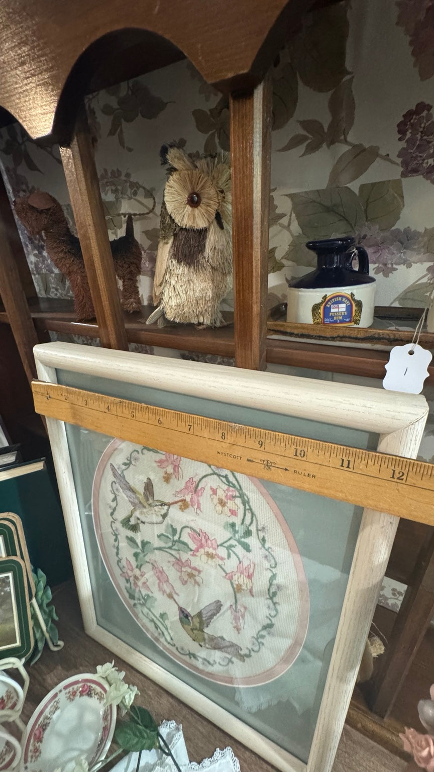 Vintage Framed Hummingbird Floral Cross Stitch Needlework