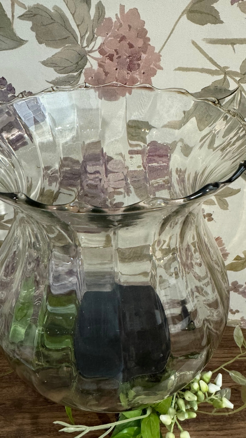 Large Glass Hurricane Vase on Wrought Iron Scroll Stand