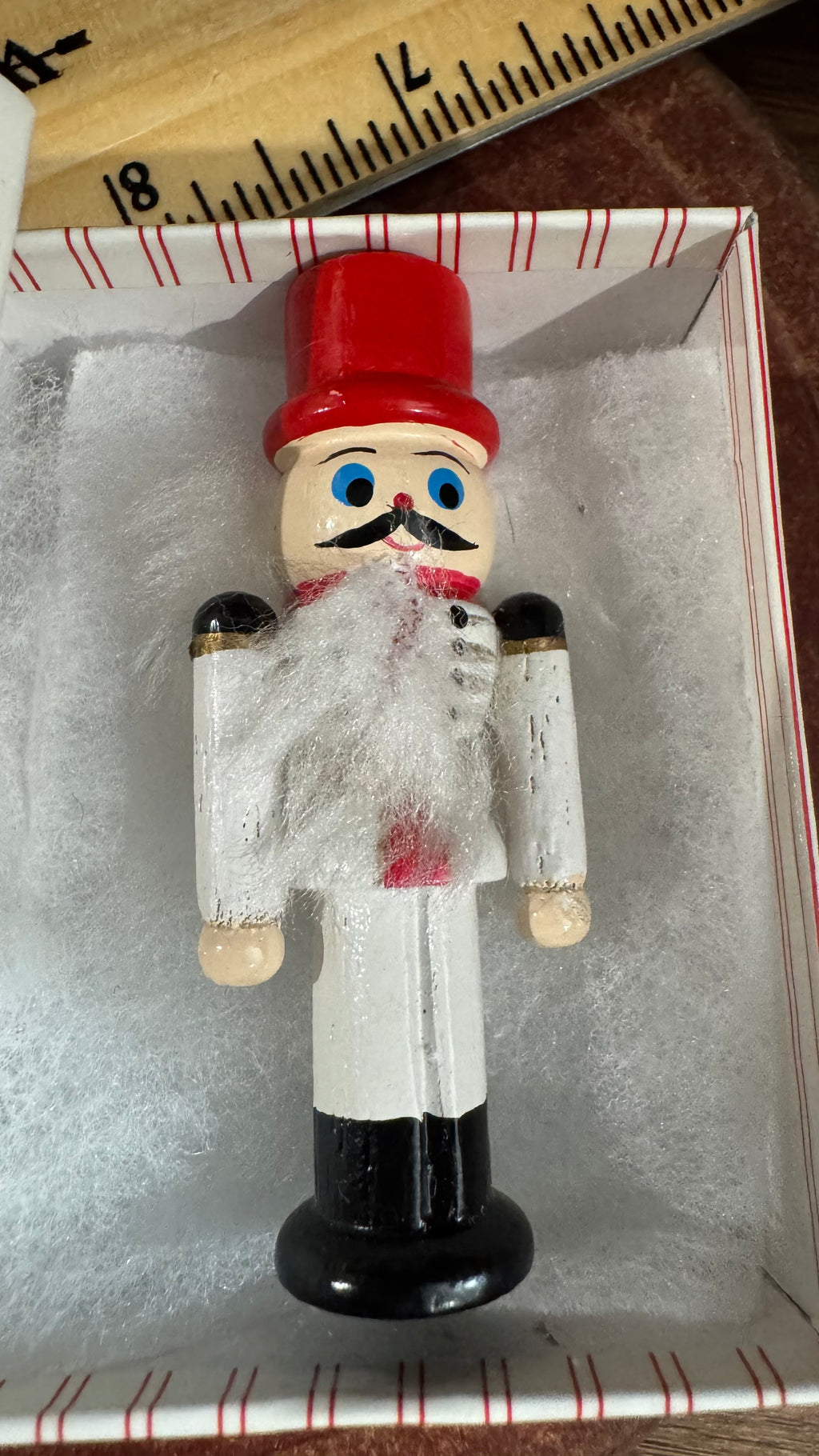Miniature Wooden Nutcracker Soldier – Red Hat & White Uniform, Box Included