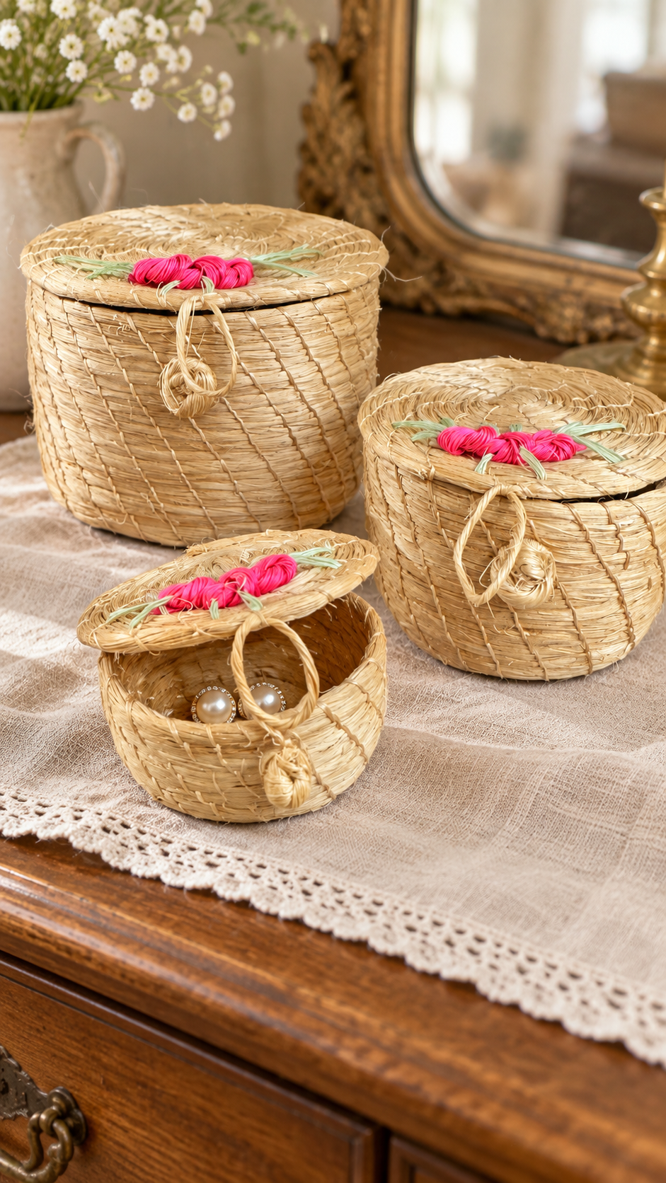 Mini Floral Woven Nesting Baskets with Lids – Set of 3