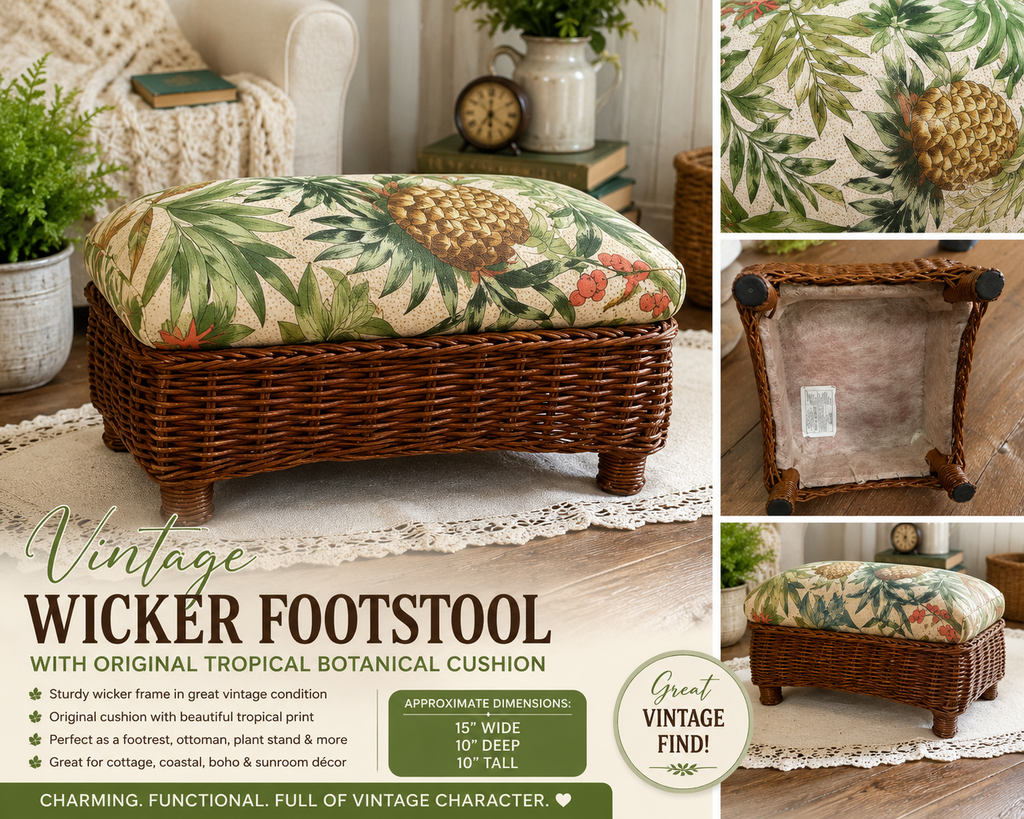 Vintage Wicker Footstool with Original Tropical Botanical Cushion | Rattan Ottoman