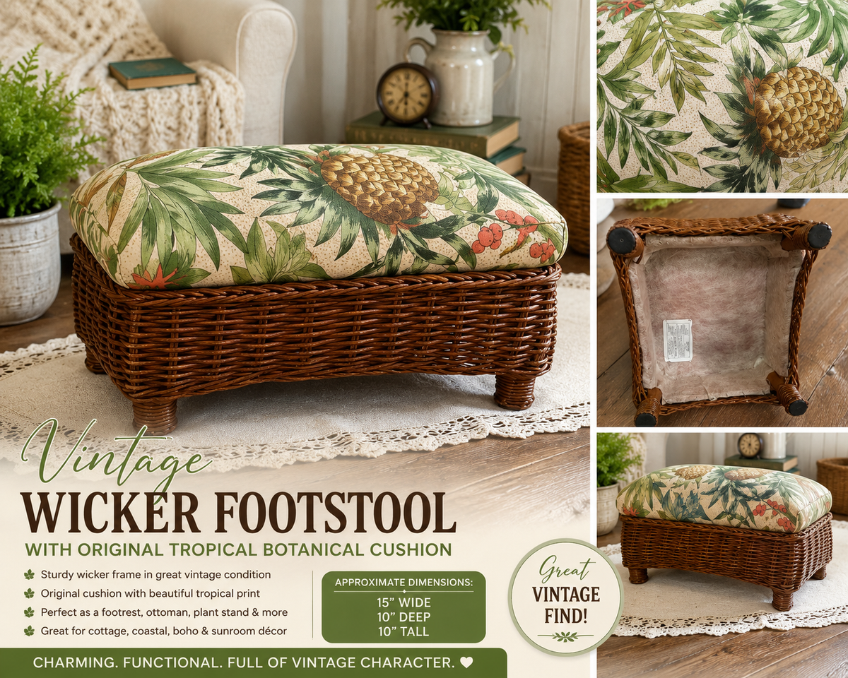 Vintage Wicker Footstool with Original Tropical Botanical Cushion | Rattan Ottoman