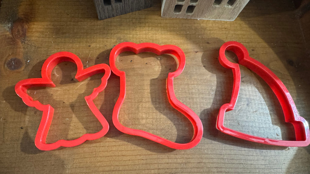 3 Red Christmas Cookie Cutters – Angel, Stocking & Santa Hat