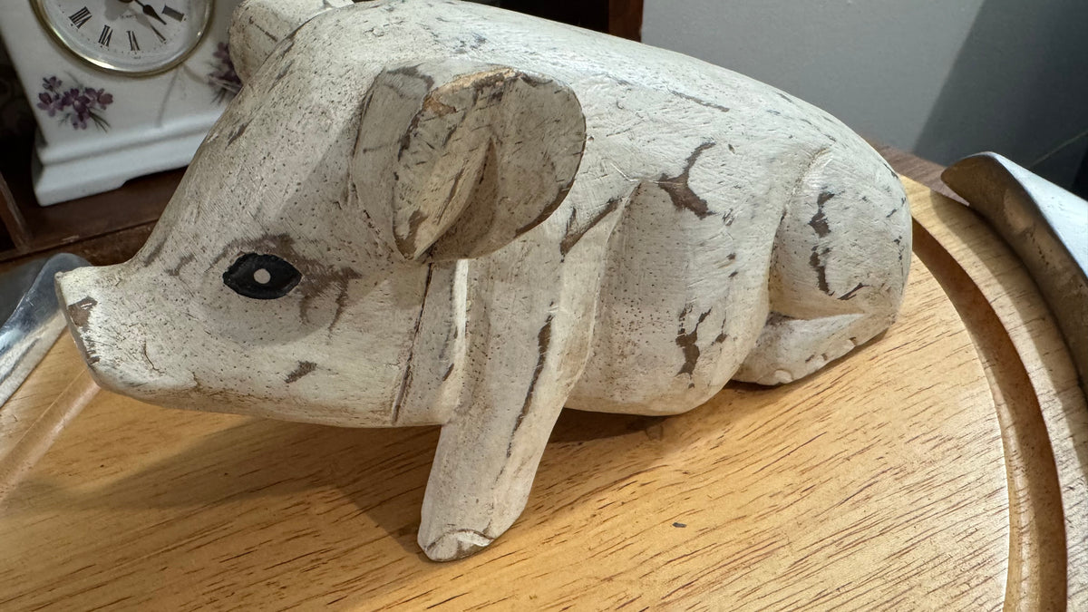 Distressed White Wood Pig Figurine – Rustic Farmhouse Décor –