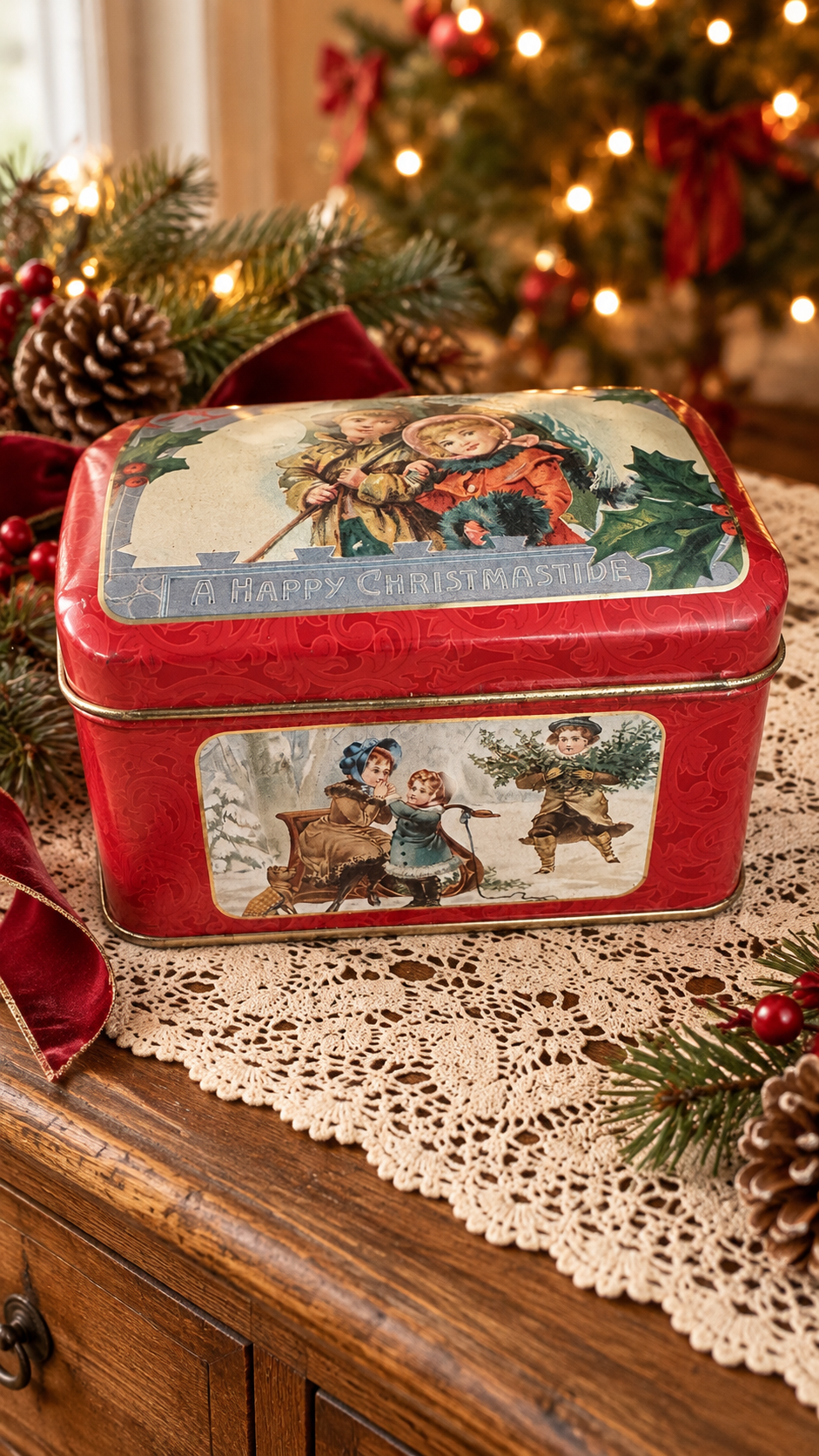 Red Christmas Tin with Victorian-Style Children & Hinged Lid 5x3.5