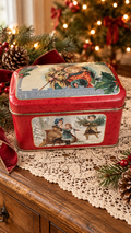 Red Christmas Tin with Victorian-Style Children & Hinged Lid 5x3.5