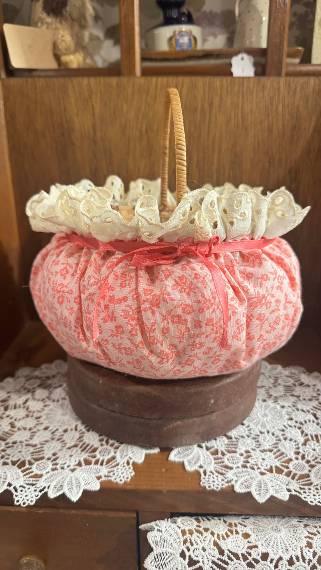 Pink Floral Basket with Cream Eyelet Lace & Ribbon