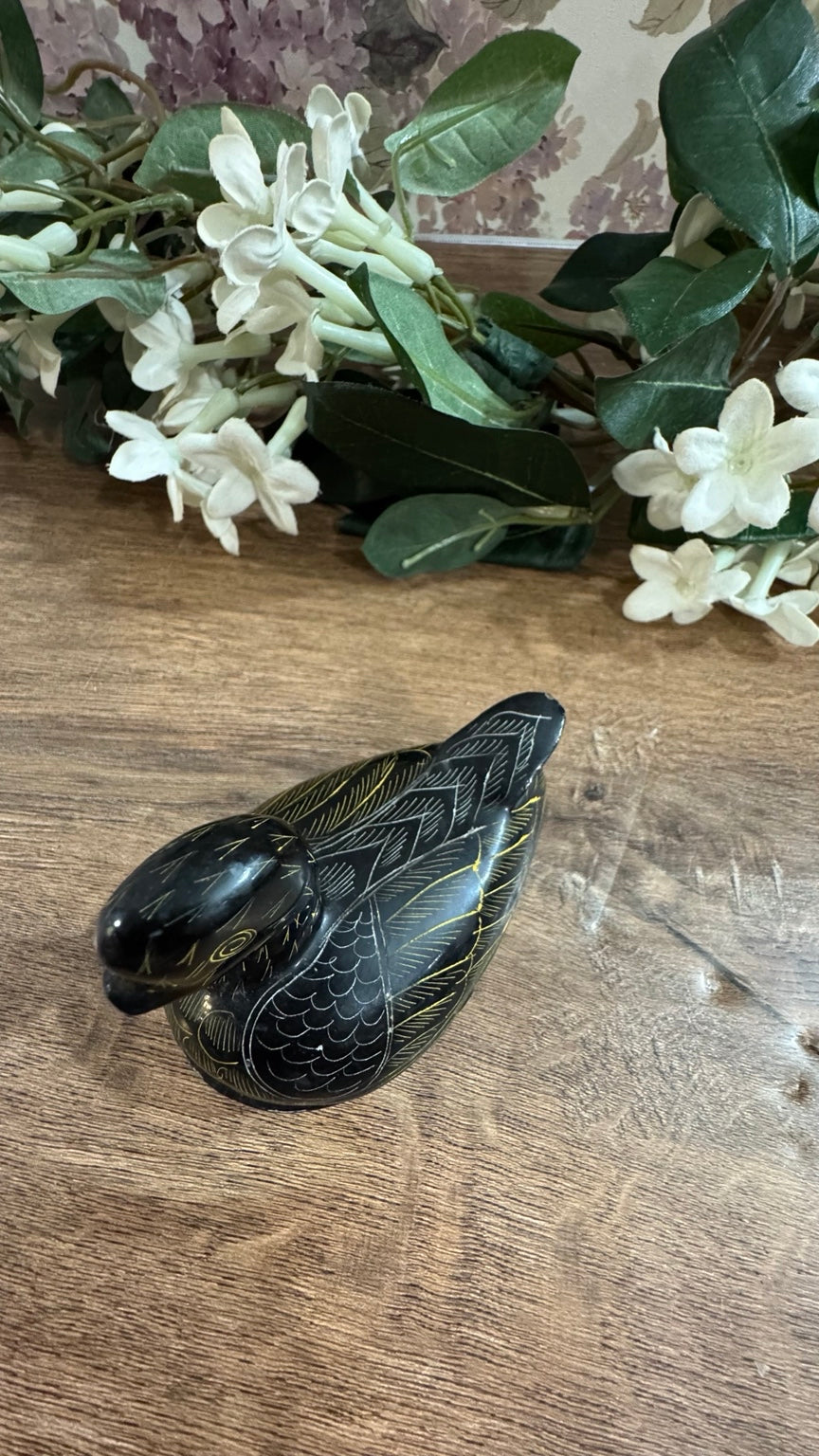 Vintage Hand-Carved Black Soapstone Duck Trinket Box | Etched Lidded Keepsake