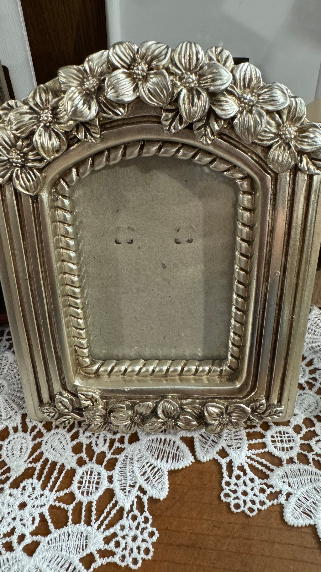 Small Silver-Tone Arched Picture Frame with Raised Floral Details