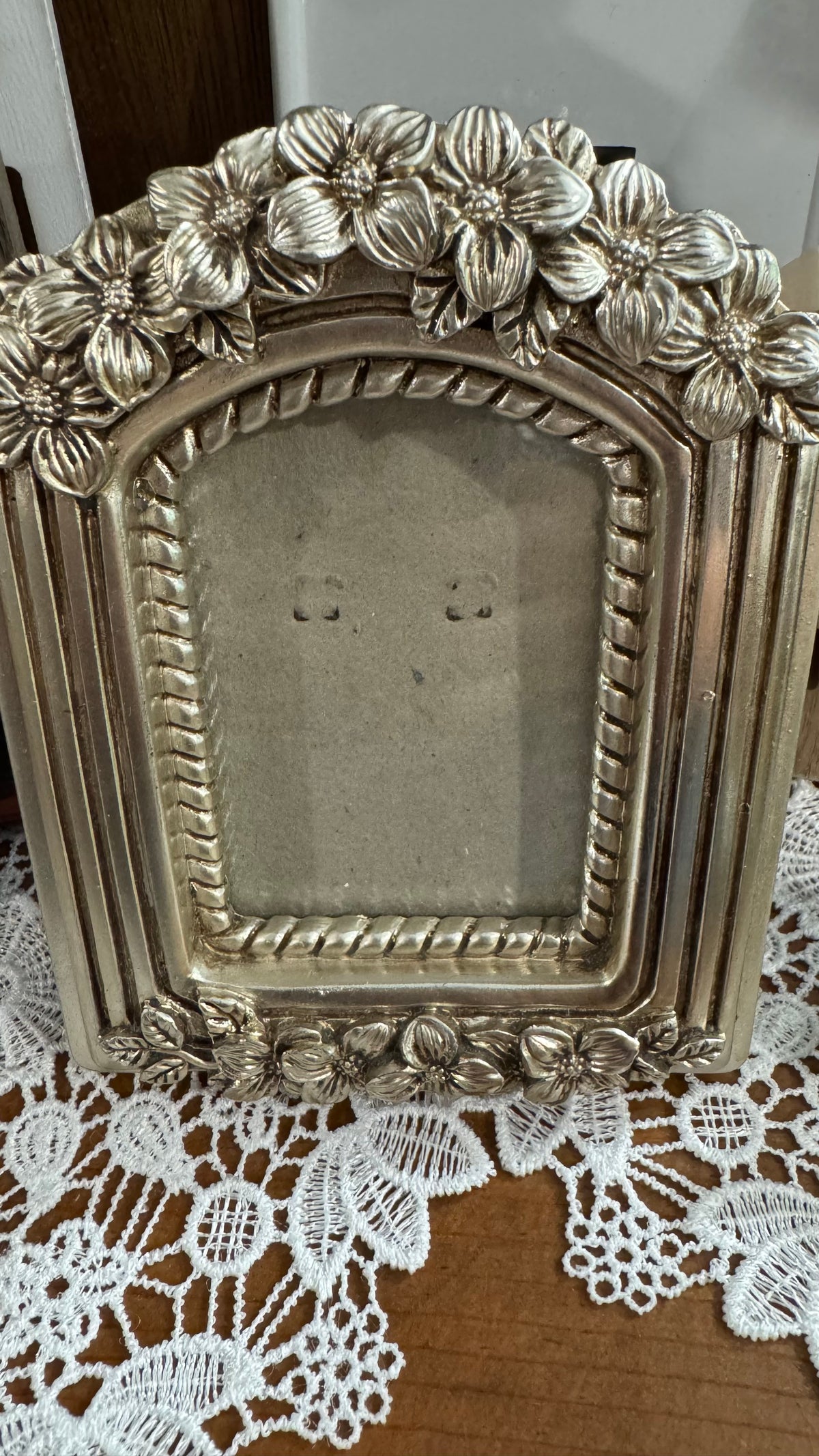 Small Silver-Tone Arched Picture Frame with Raised Floral Details