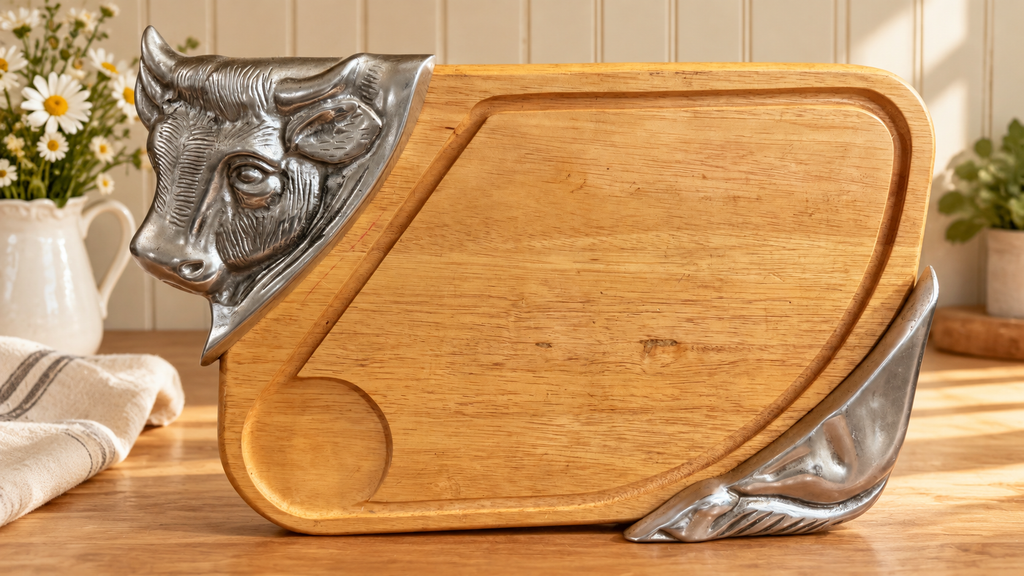 Wood Carving Board with Metal Cow Accents – Farmhouse Serving Board –