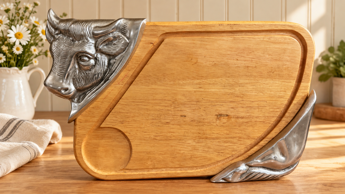 Wood Carving Board with Metal Cow Accents – Farmhouse Serving Board –