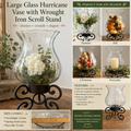 Large Glass Hurricane Vase on Wrought Iron Scroll Stand