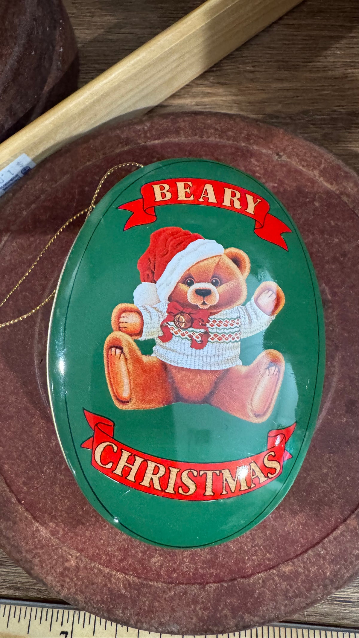 Vintage 1988 “Beary Christmas” Tin Ornament with Mini Plush Bear for the set