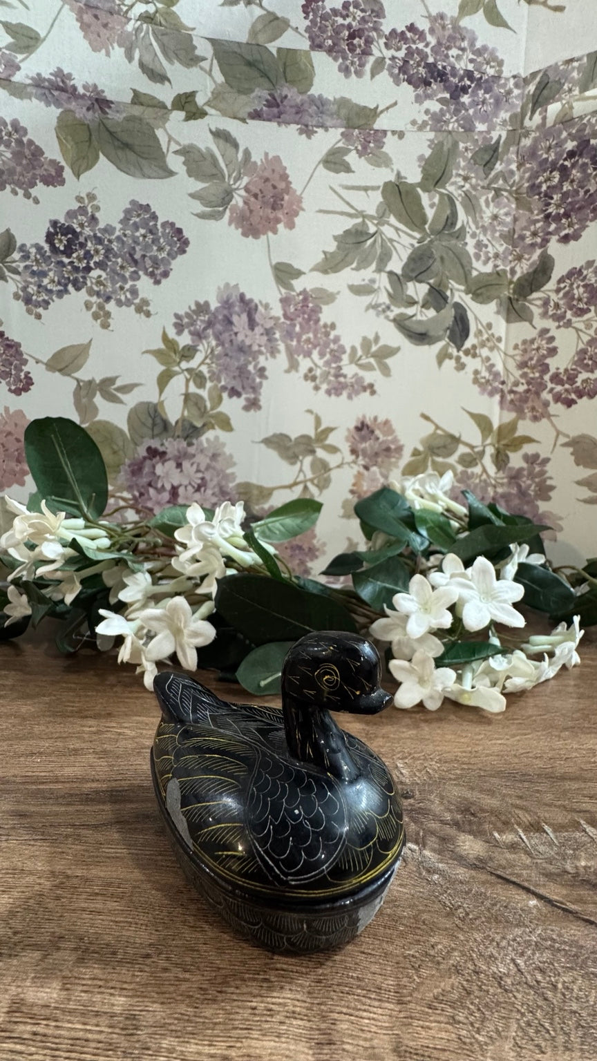 Vintage Hand-Carved Black Soapstone Duck Trinket Box | Etched Lidded Keepsake