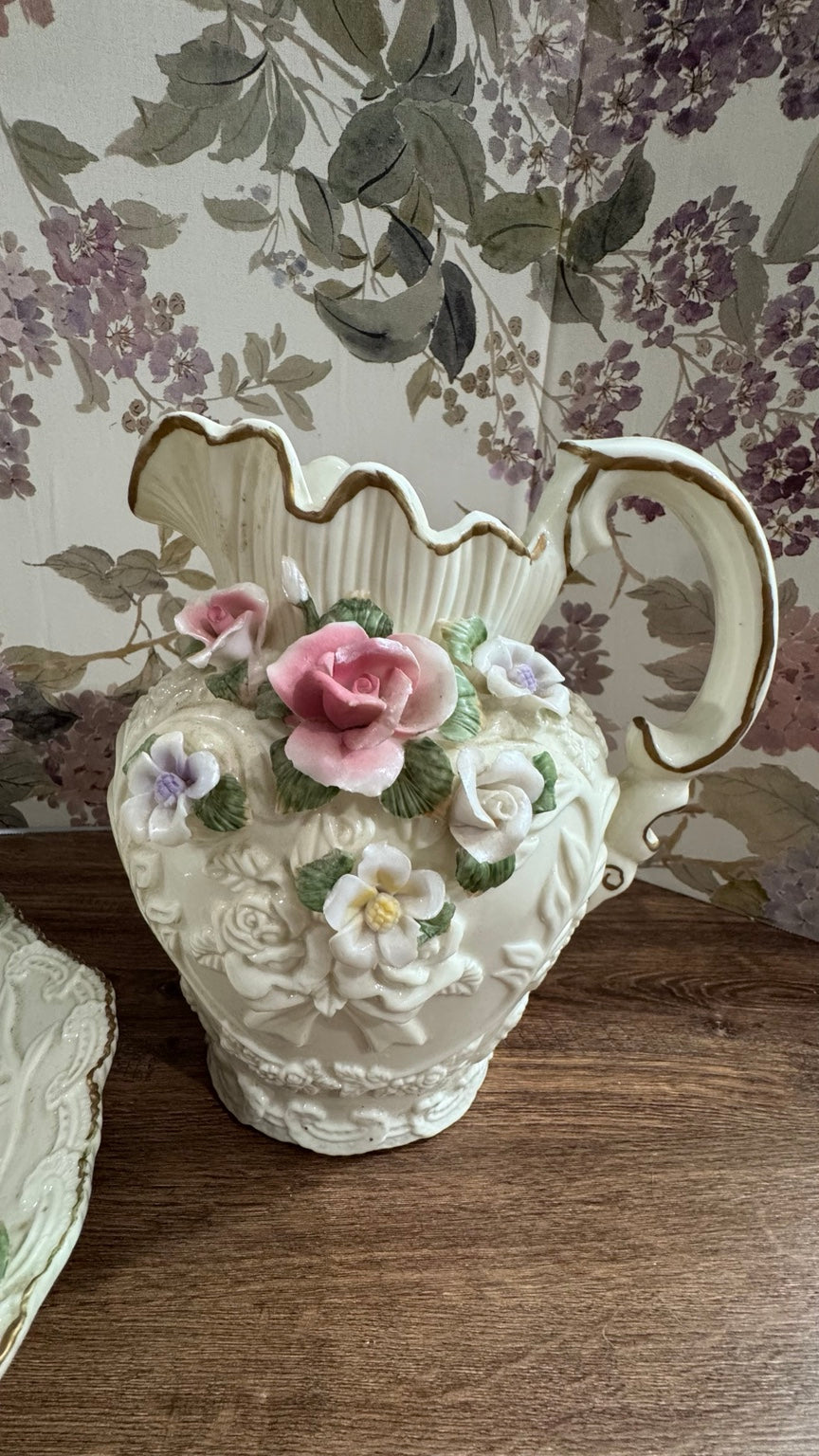 Vintage Porcelain Floral Pitcher & Tray Set – Roses & Gold Trim