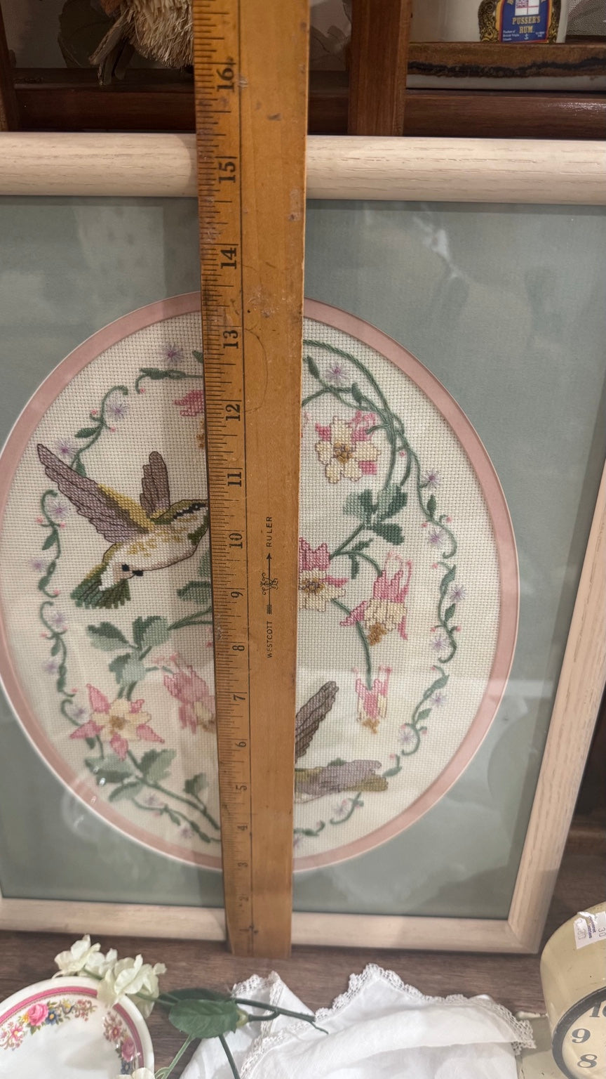 Vintage Framed Hummingbird Floral Cross Stitch Needlework