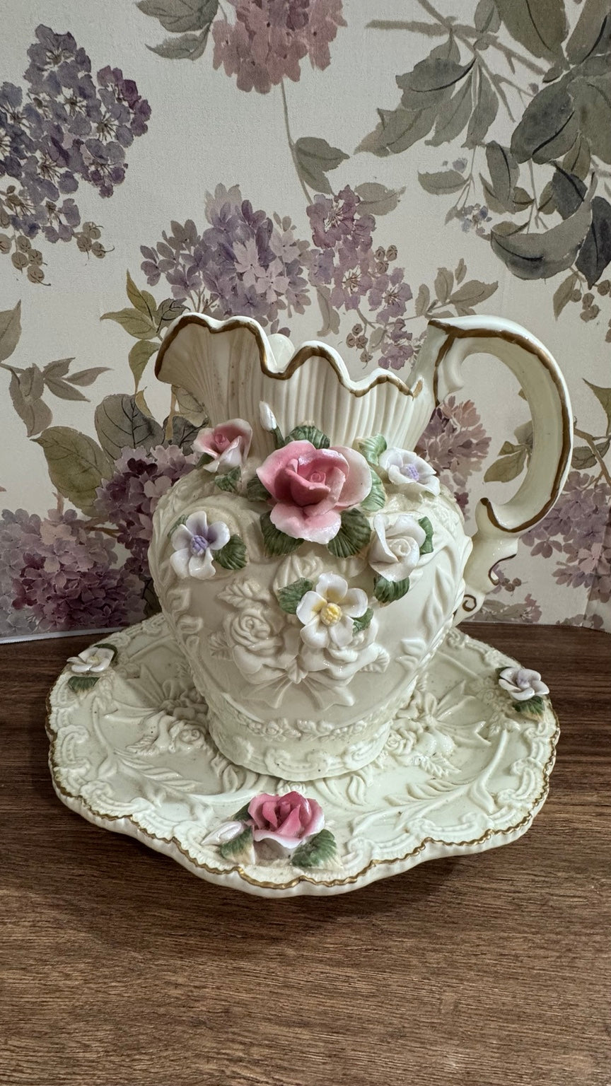 Vintage Porcelain Floral Pitcher & Tray Set – Roses & Gold Trim