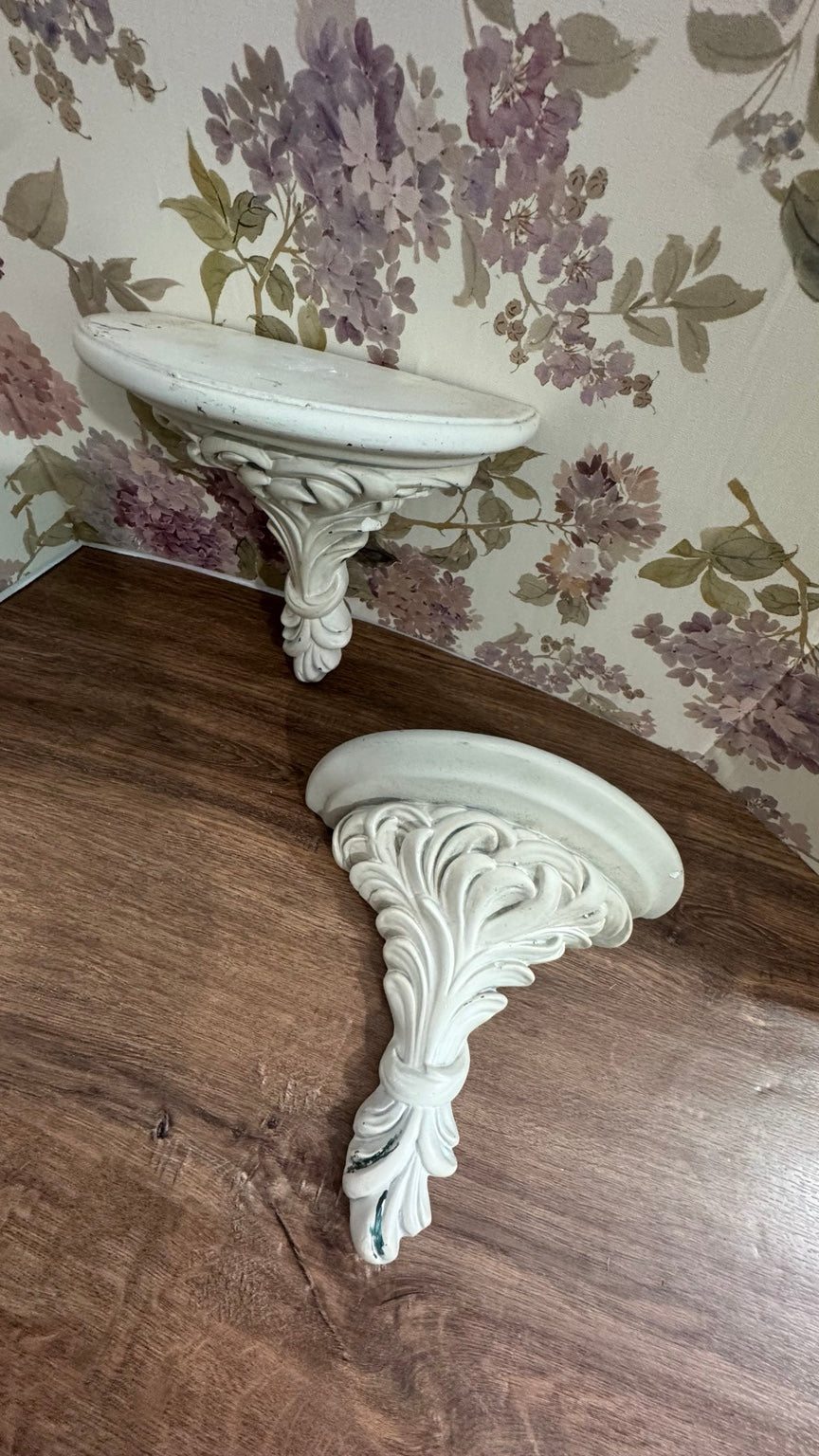Pair of Ornate Distressed White Wall Shelves | Farmhouse Decor