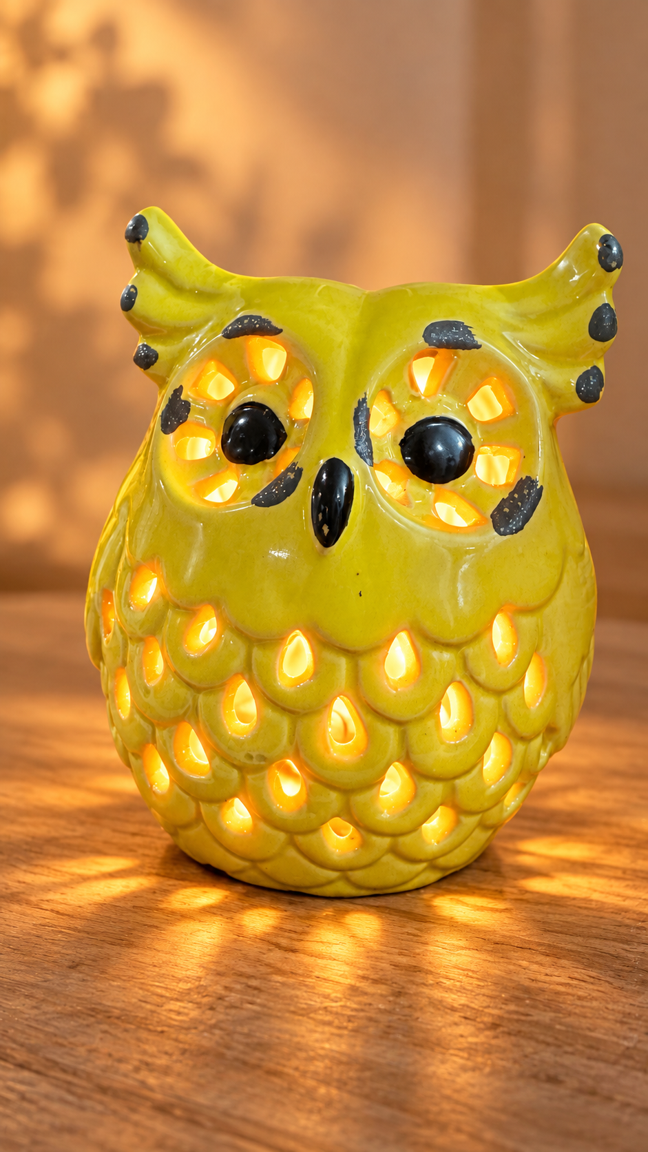 Yellow Ceramic Owl Decor with Cutout Feathers