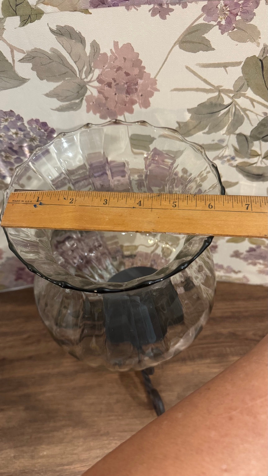 Large Glass Hurricane Vase on Wrought Iron Scroll Stand