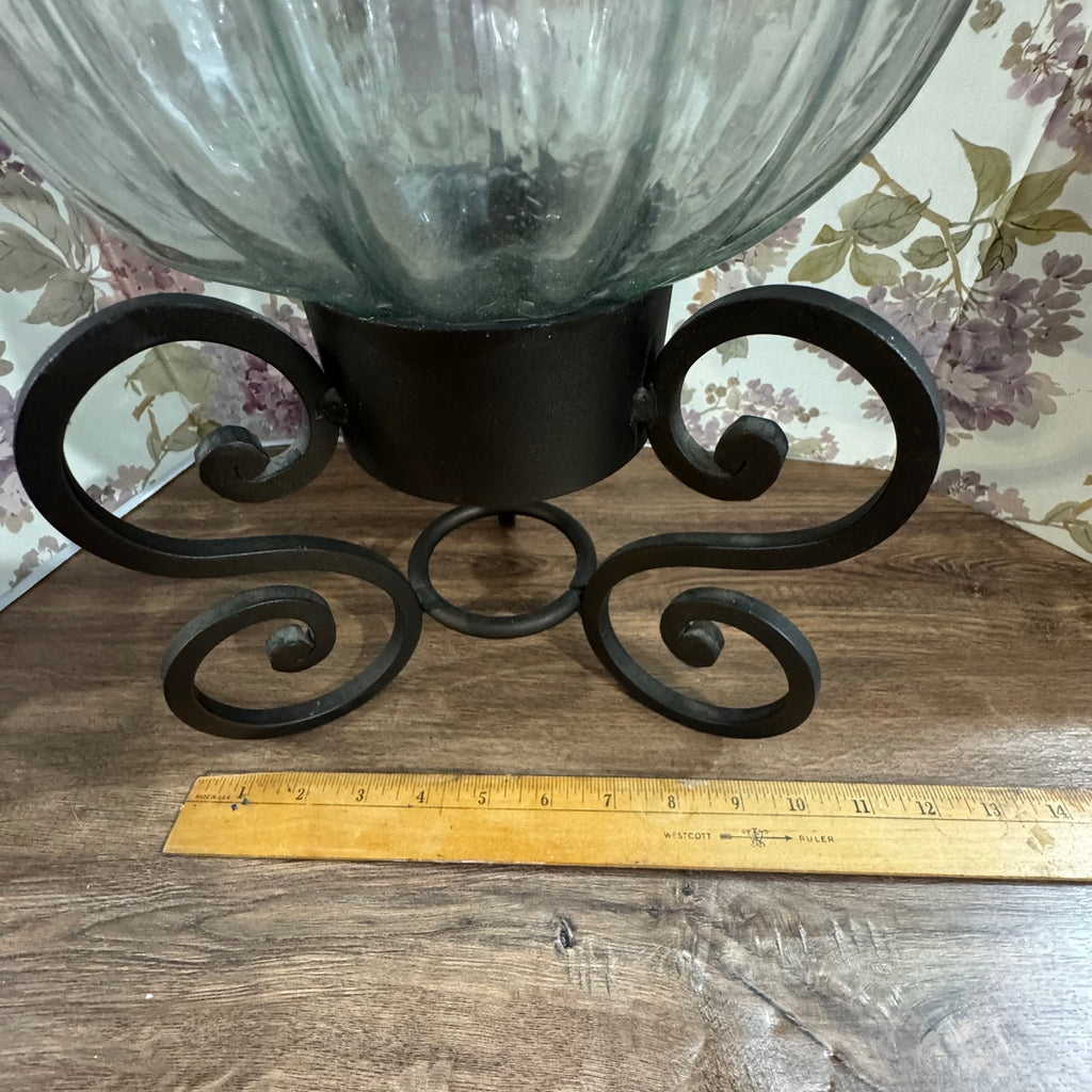 Large Glass Hurricane Vase on Wrought Iron Scroll Stand