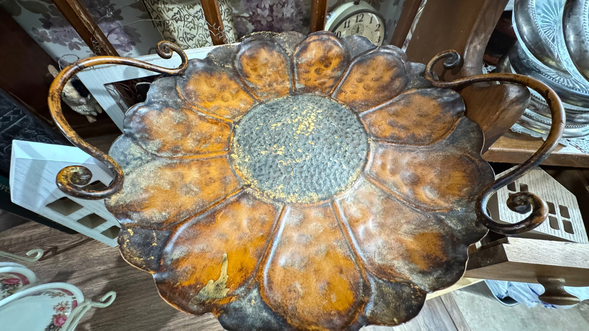 Rustic Metal Sunflower Tray with Scroll Handles