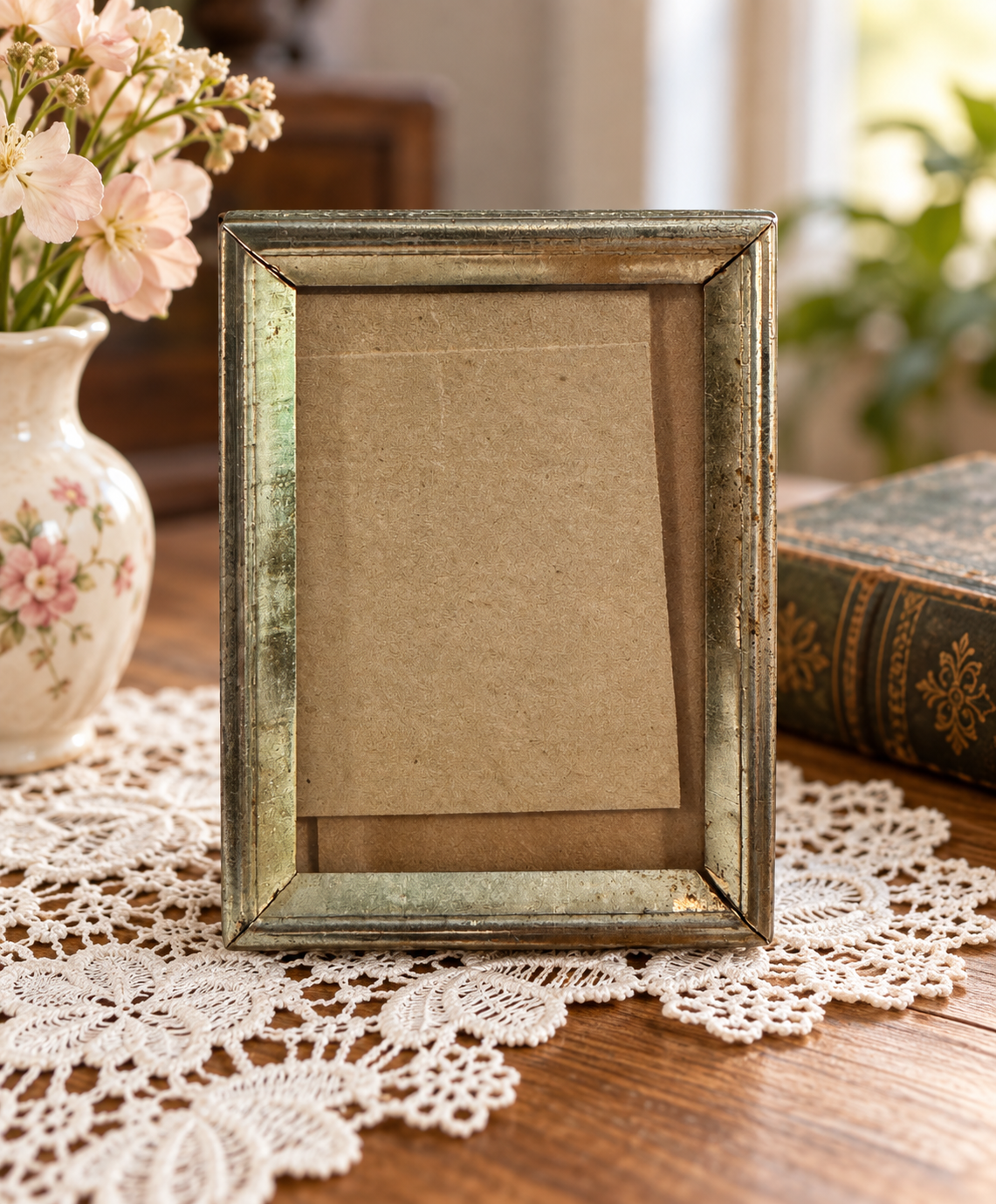 Small Aged Metal Tabletop Picture Frame – Beveled Border