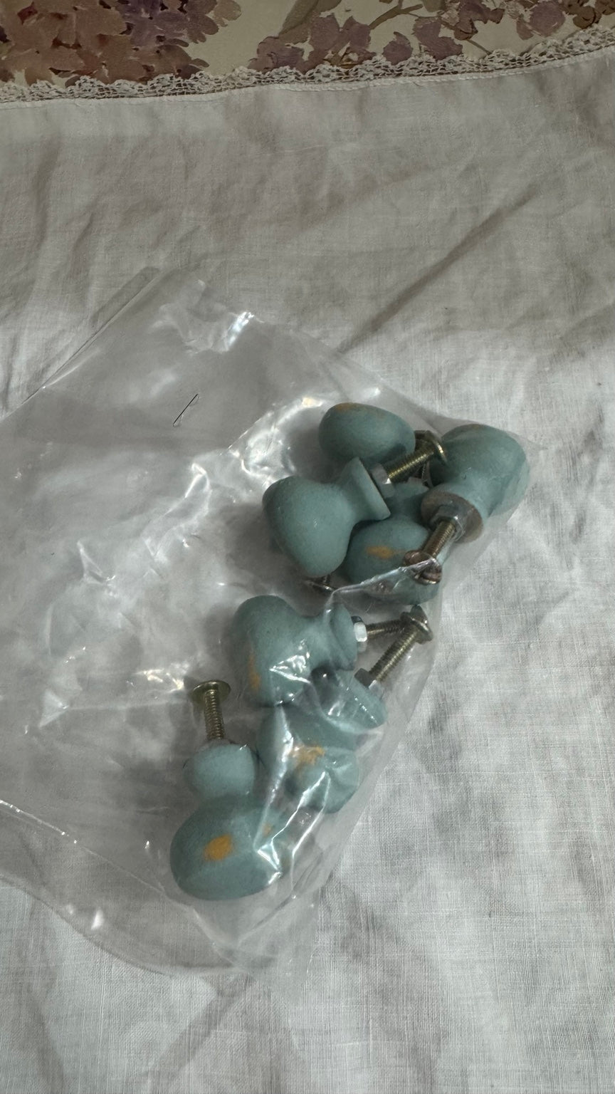 Set of 8 Distressed Aqua Wood Drawer Knobs | Farmhouse Cottage Cabinet Pulls